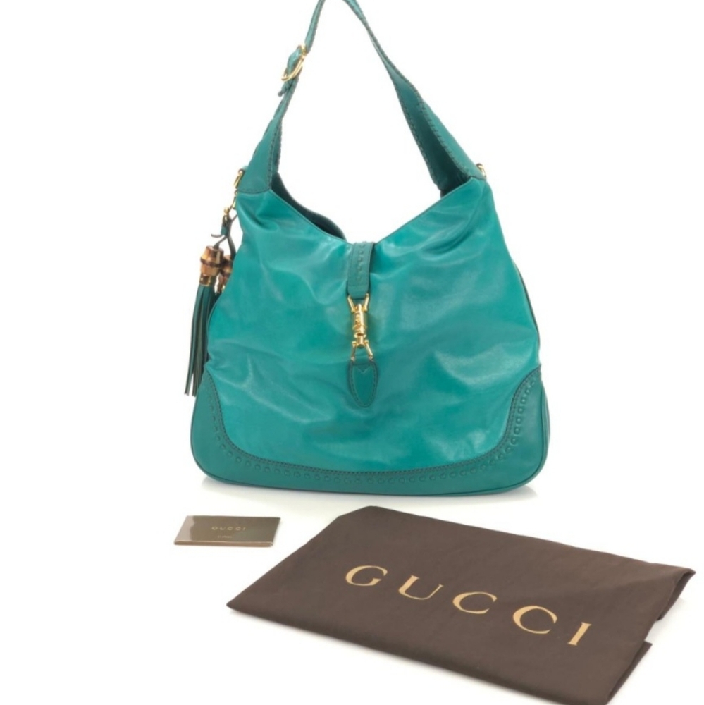 GUCCI JACKIE TEAL LEATHER LARGE HOBO BAG TURQUOISE GREEN